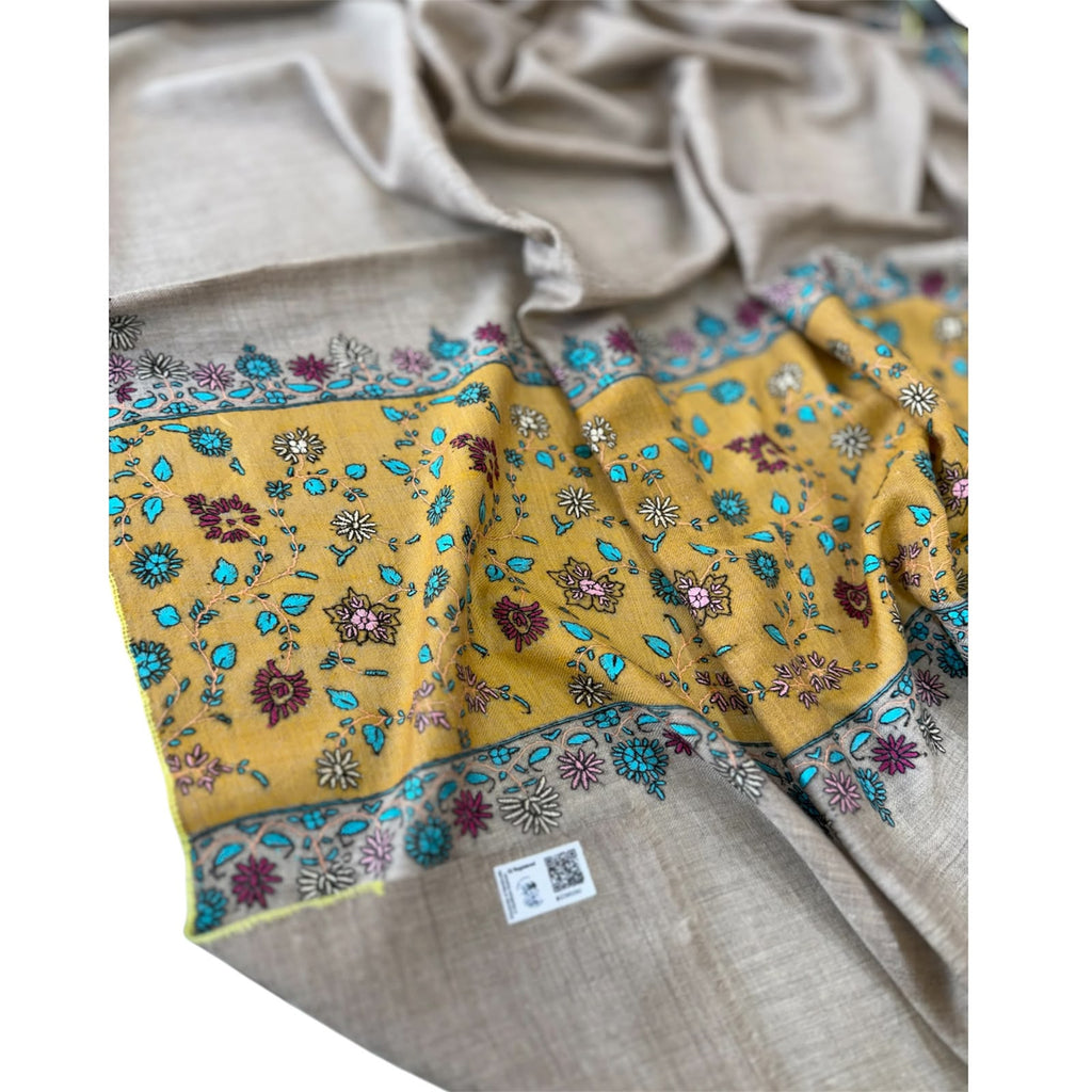 Premium Kashmiri Hand-Embroidered Wool Shawl – Beige & Mustard Floral Design