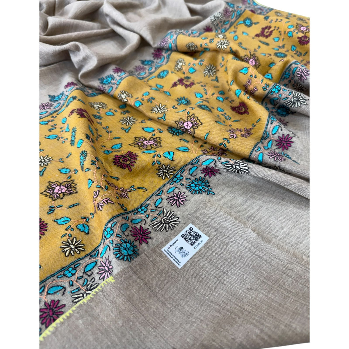 Premium Kashmiri Hand-Embroidered Wool Shawl – Beige & Mustard Floral Design