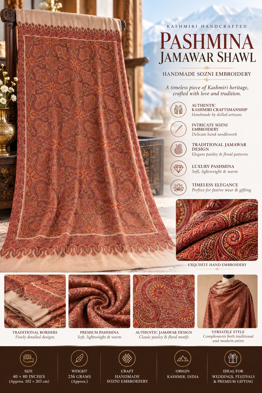 Handmade Kashmiri Pashmina Jamawar Shawl – Traditional Sozni Embroidery