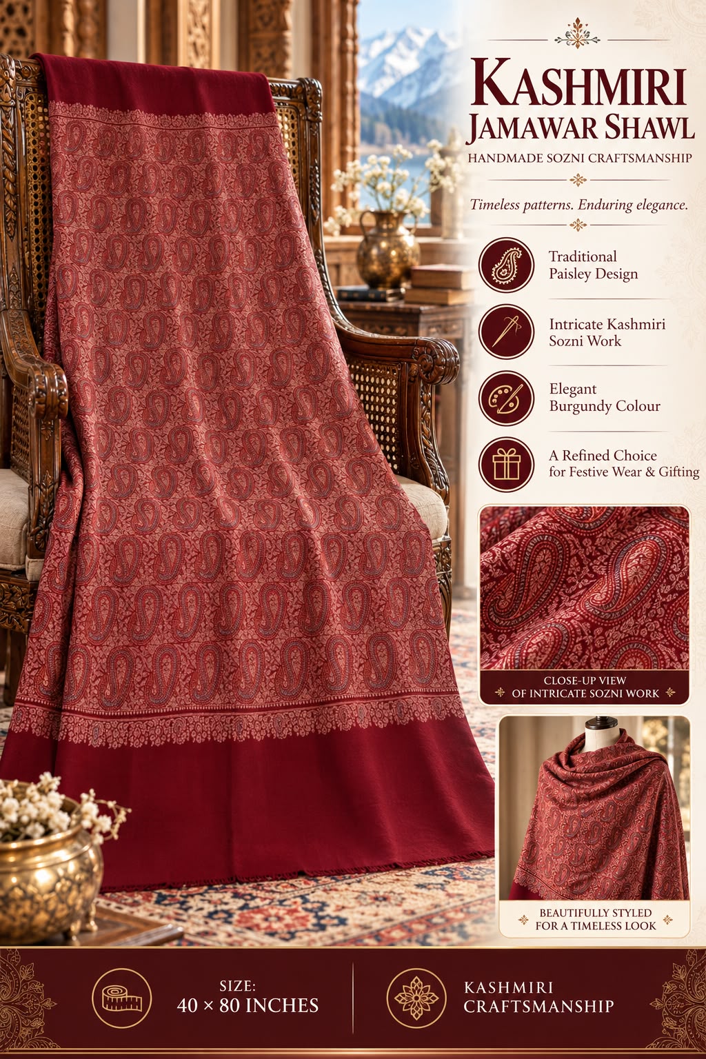 Kashmiri Pashmina Jamawar Shawl – Handmade Sozni Embroidery&nbsp;