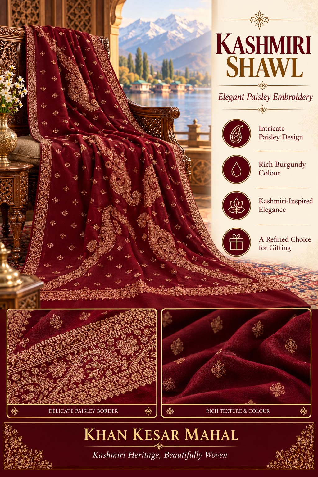 Kashmiri Pashmina Jamawar Shawl – Handmade Sozni Embroidery