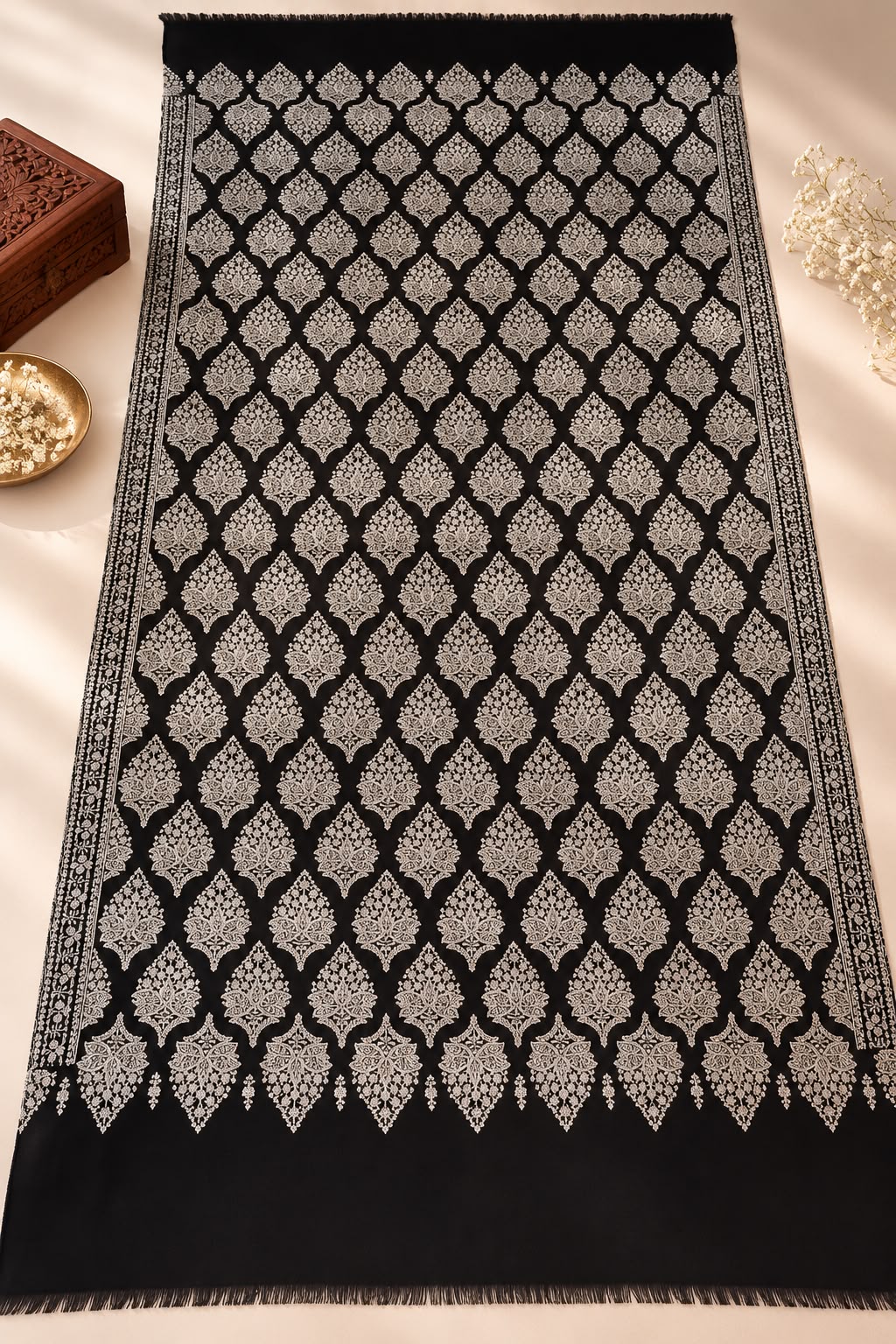 Black Pashmina Jamawar Shawl – Handmade Sozni Embroidery