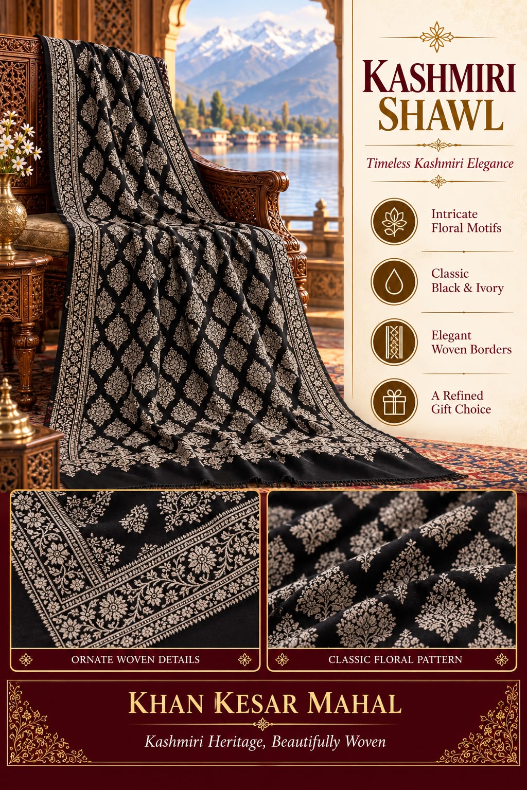 Black Pashmina Jamawar Shawl – Handmade Sozni Embroidery
