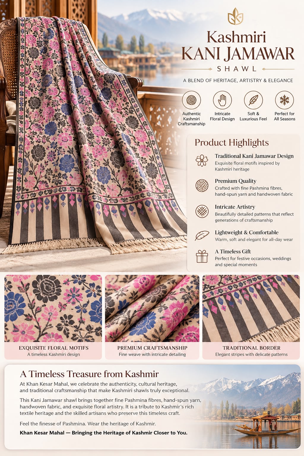 Kashmiri Handmade Kani Jamawar Shawl – Traditional Floral Design