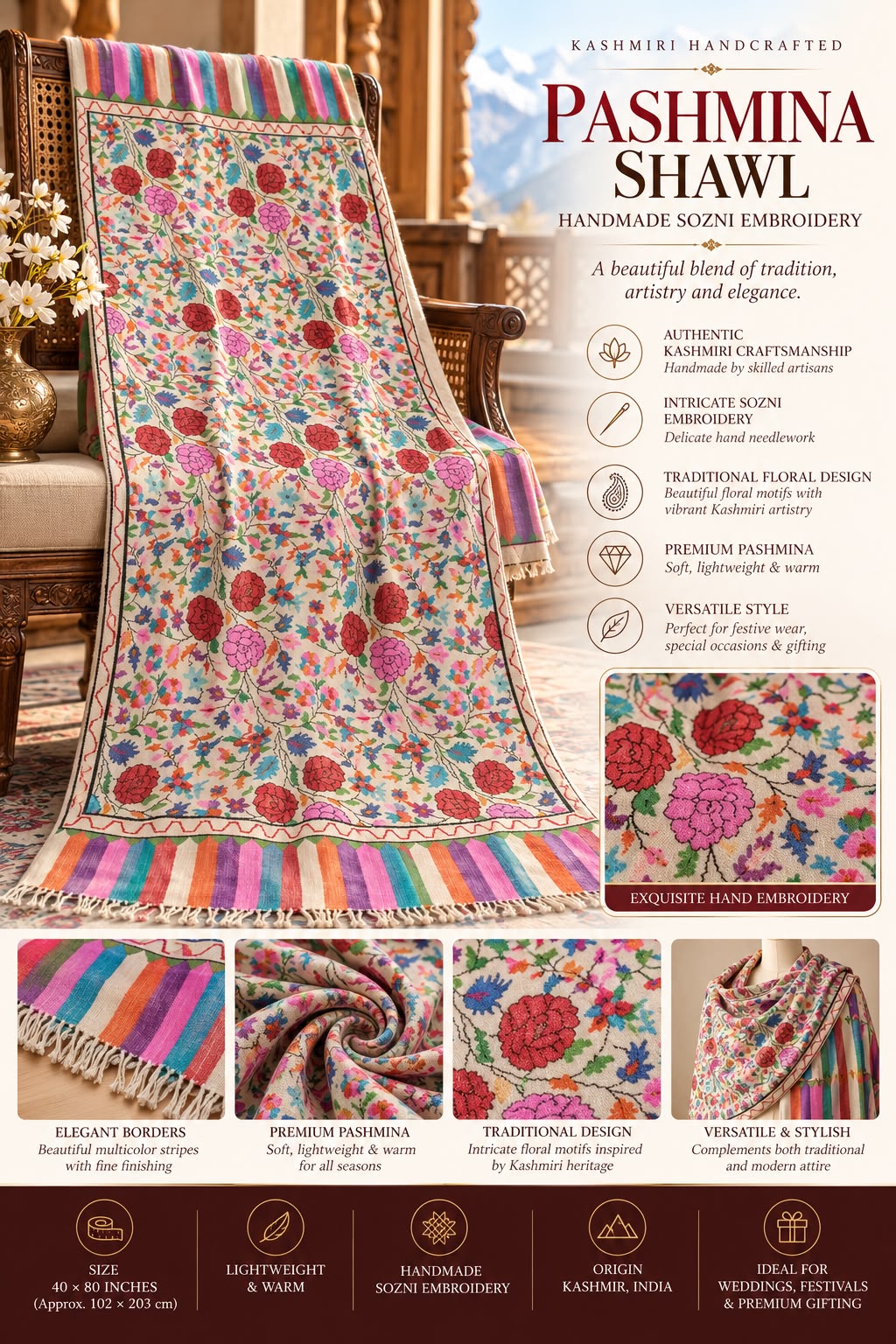 Kashmiri Handmade Pashmina Kani Jamawar Shawl – Multicolour Floral Heritage Design