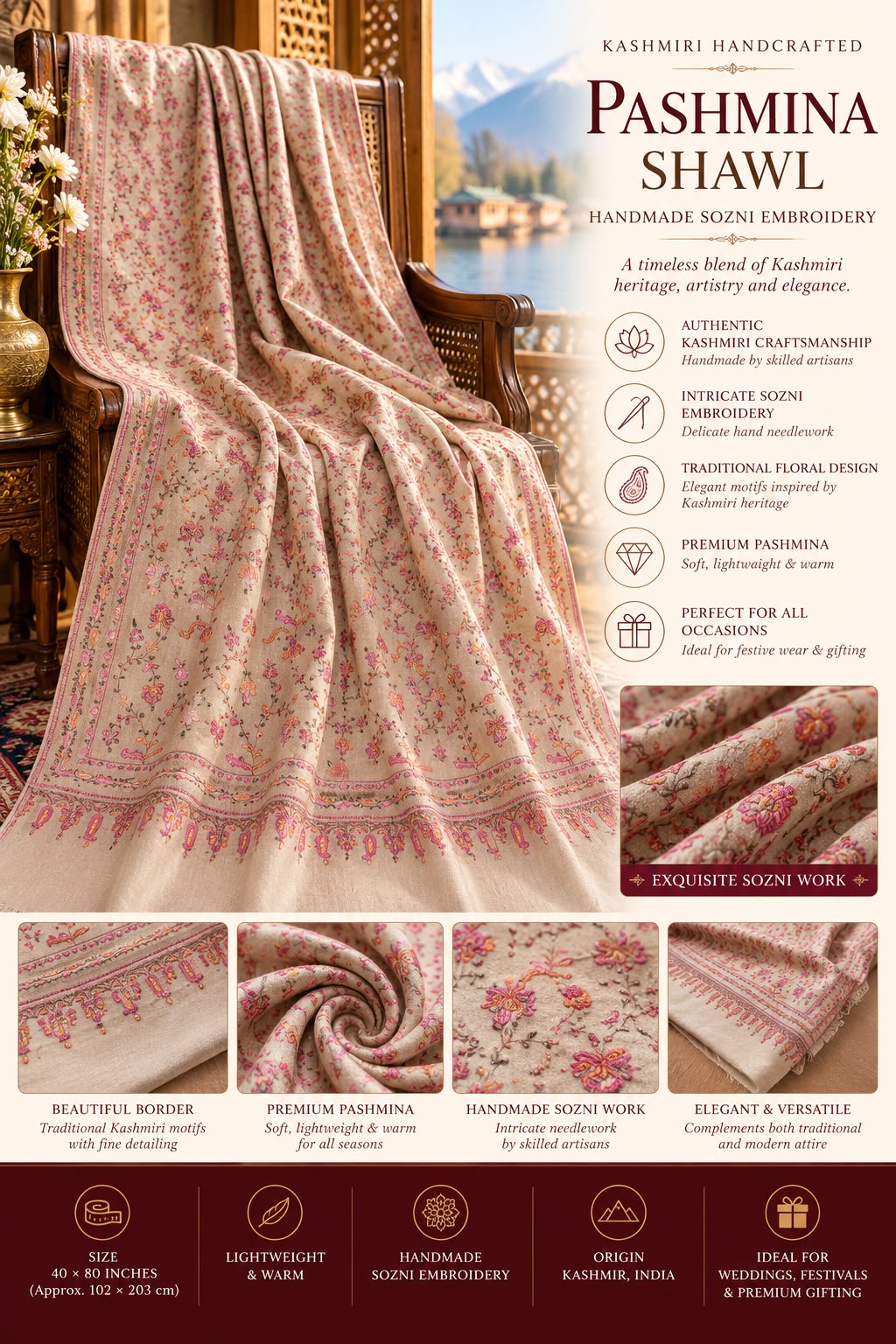GI-Certified Kashmiri Pashmina Shawl – Jallidaar Design