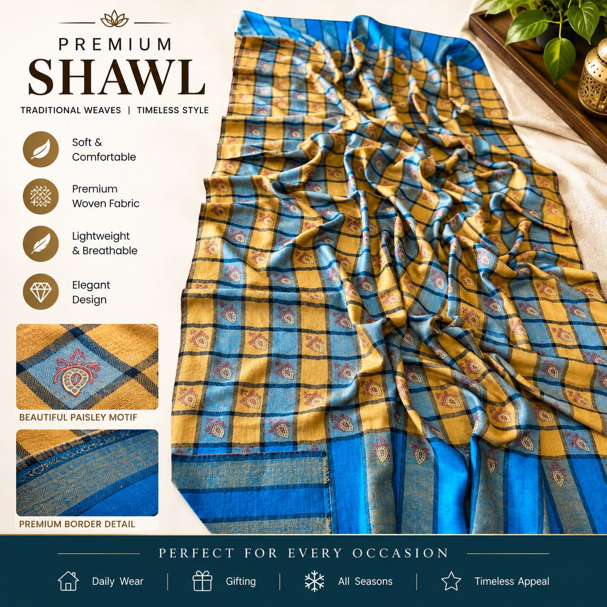 GI-Certified Kashmiri Pashmina Shawl – Checked Bootidar Design