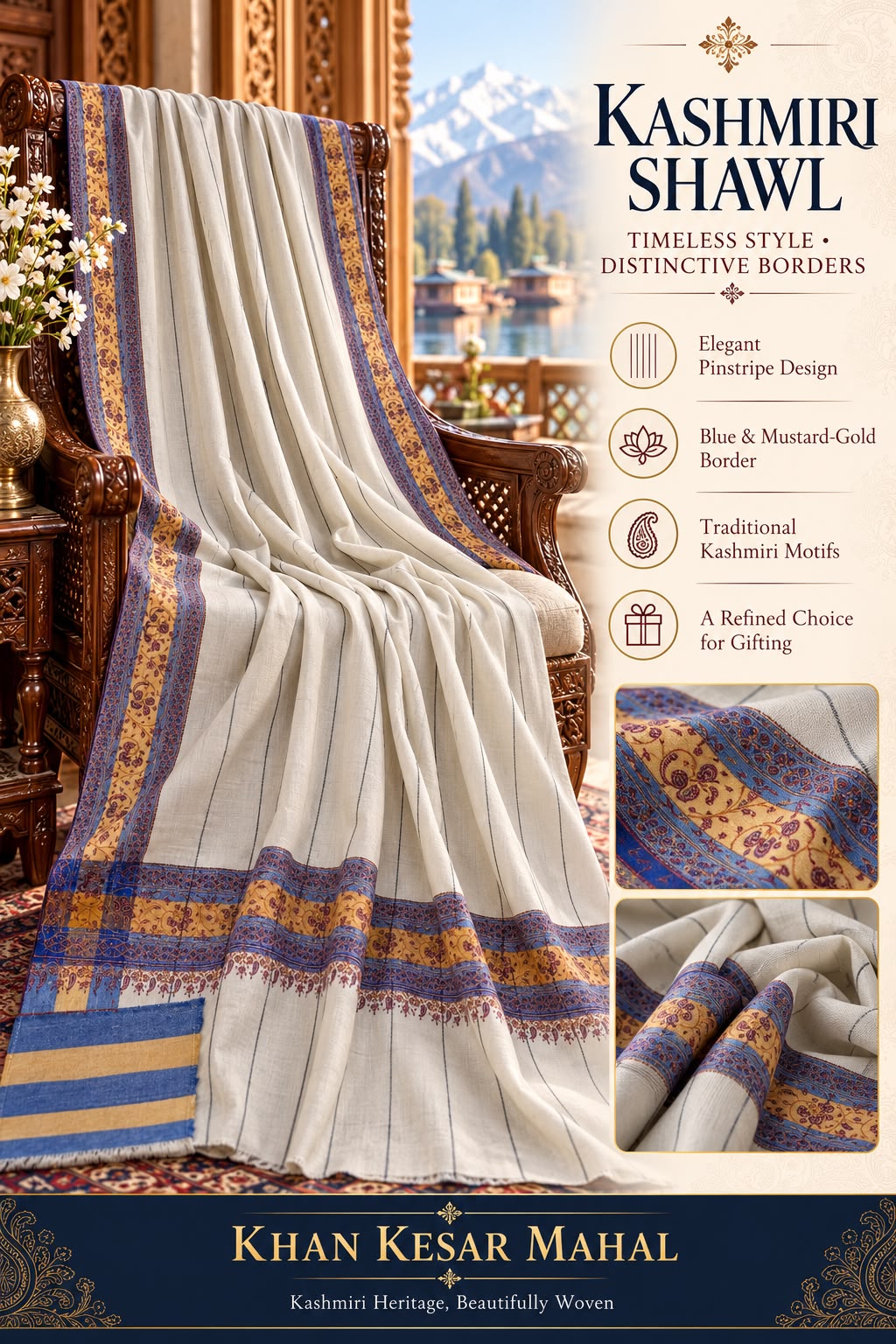 GI-Certified Kashmiri Pashmina Shawl – Jallidaar Design | 100% Pashm Fibre