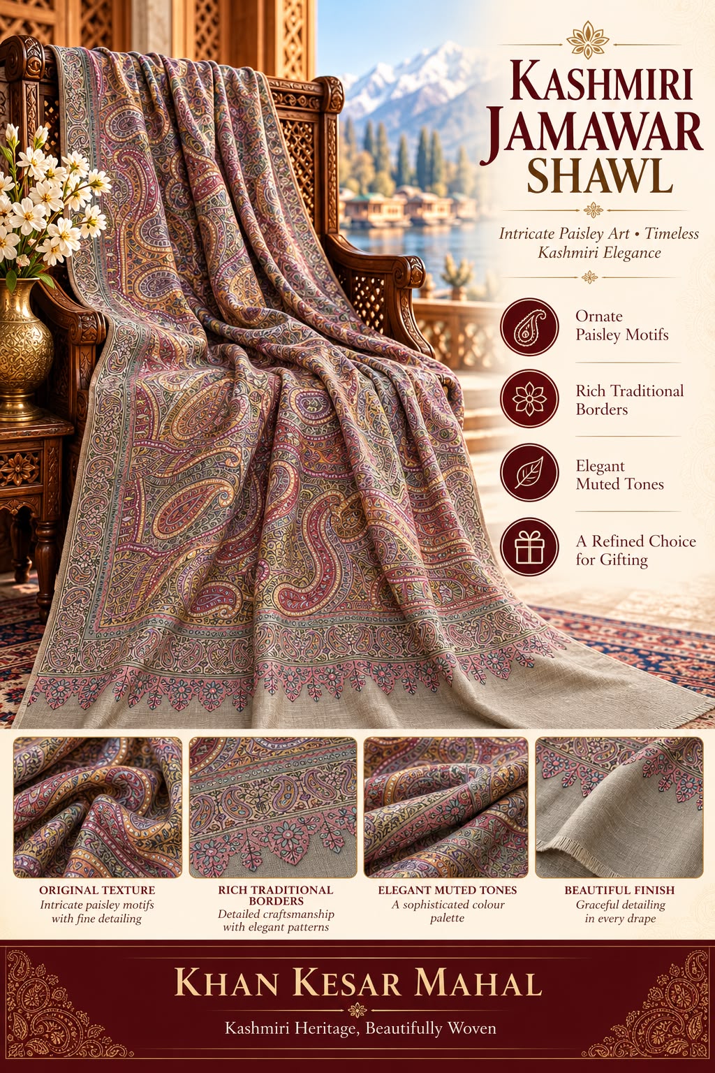 GI-Certified Kashmiri Sozni Shawl – Palladar & Hashidar Hand Embroidery