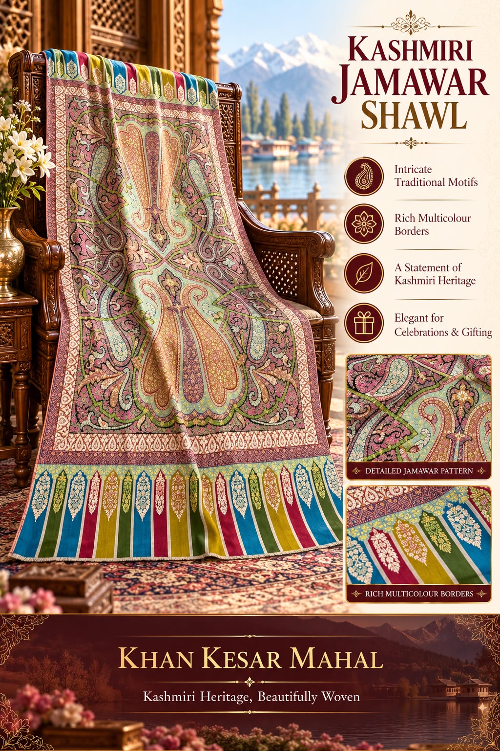 GI-Certified Kashmiri Sozni Shawl – Kalamkari Jamma Design