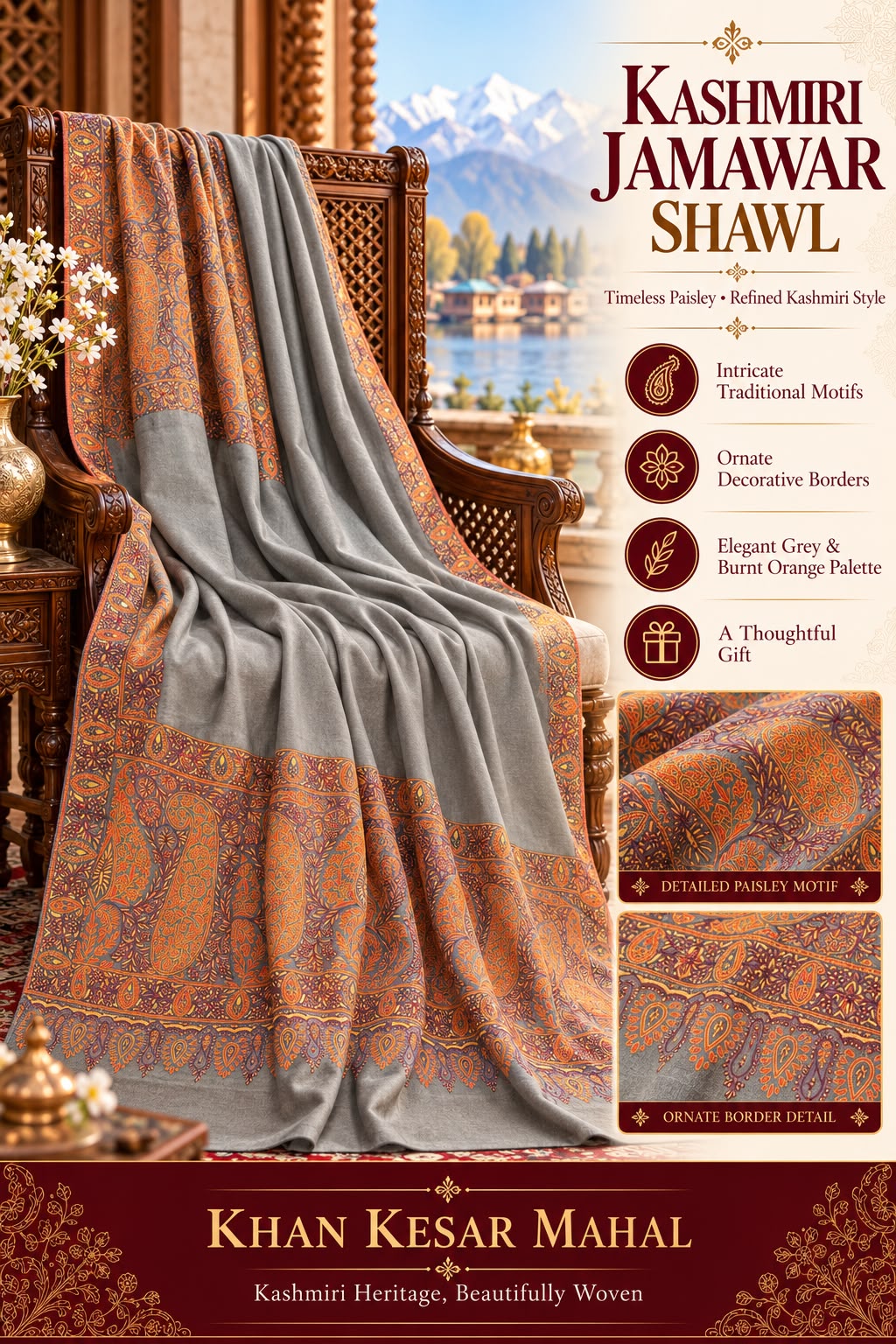 GI-Certified Kashmiri Sozni Shawl – Traditional Palladar Hand Embroidery
