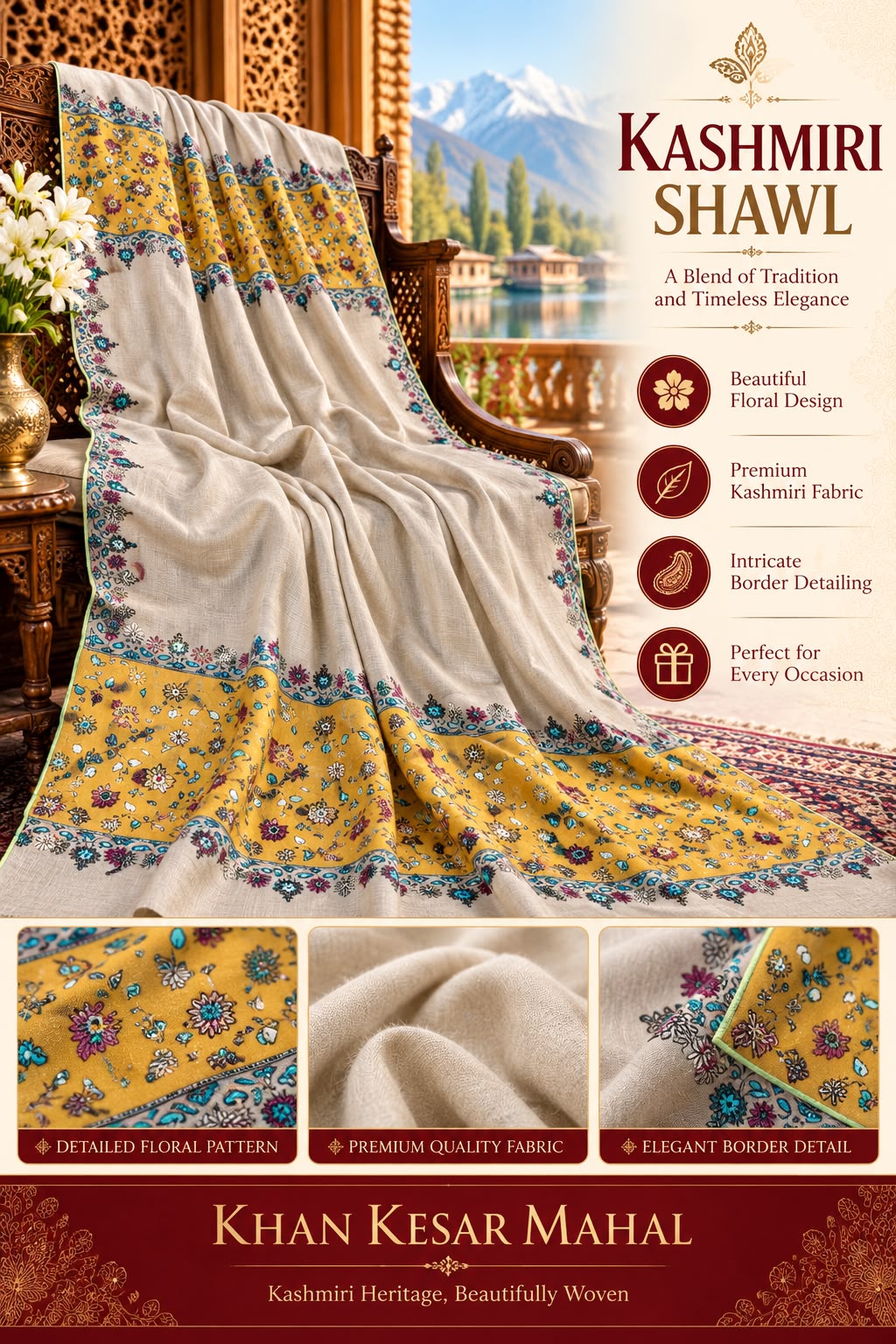 Premium Kashmiri Hand-Embroidered Wool Shawl – Beige & Mustard Floral Design