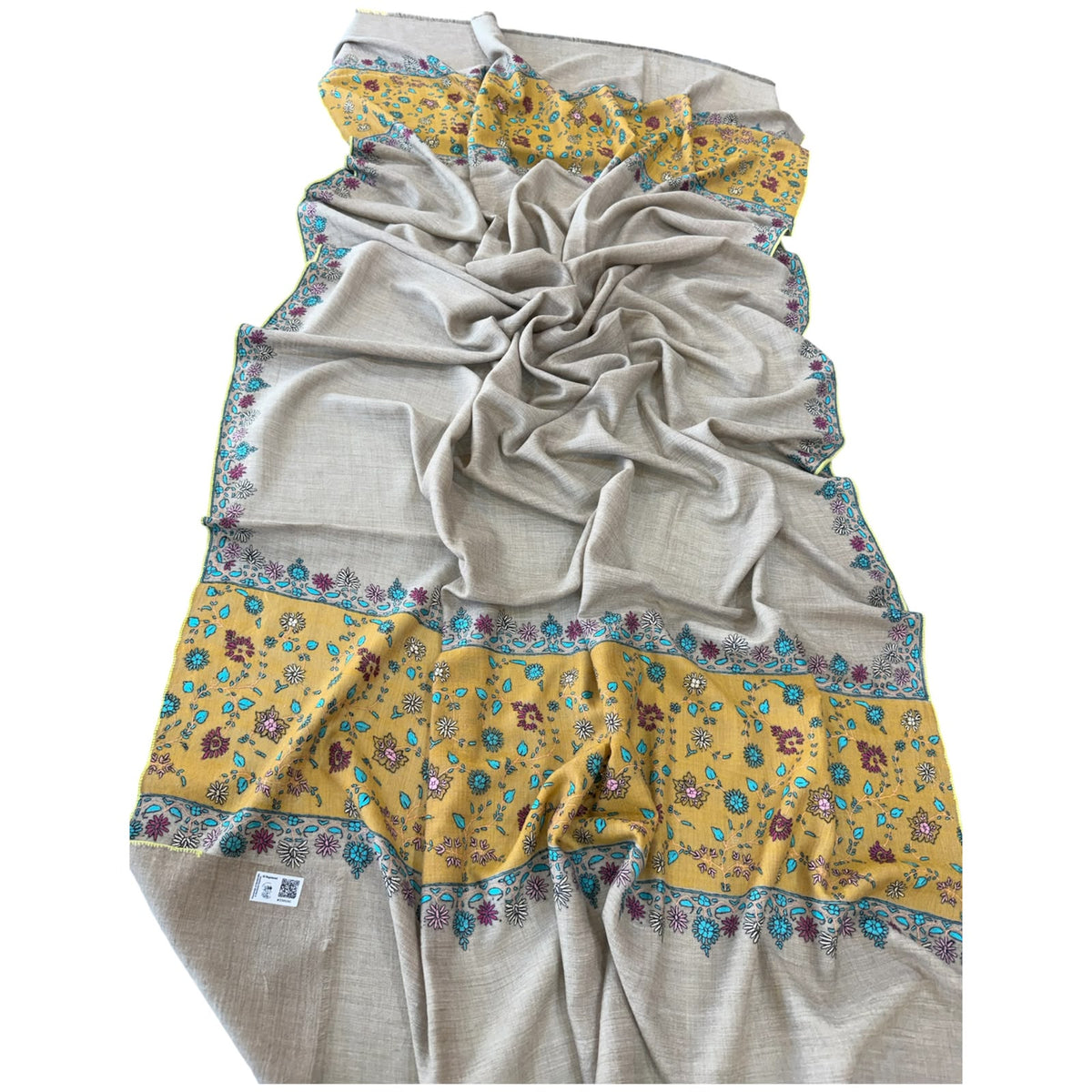 Premium Kashmiri Hand-Embroidered Wool Shawl – Beige & Mustard Floral Design