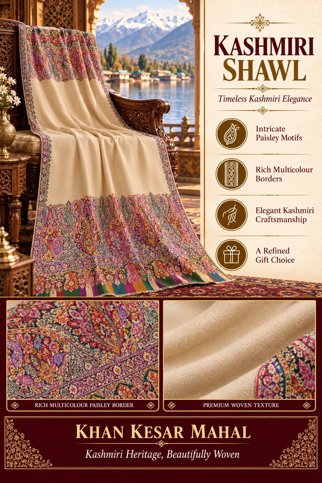Kashmiri Pashmina Shawl – Handmade Kalamkari Long Paldar Design