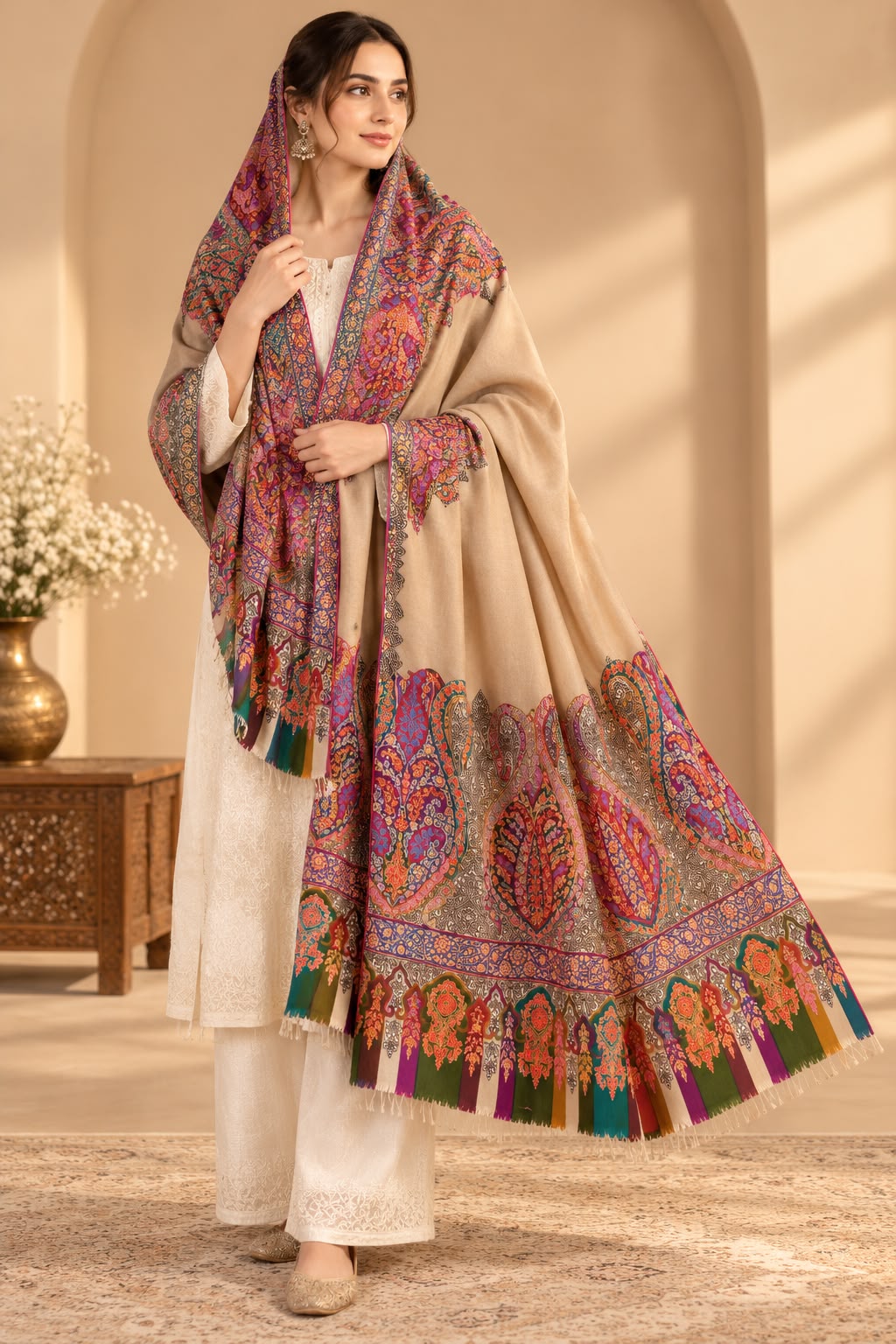 Kashmiri Pashmina Shawl – Handmade Kalamkari Long Paldar Design