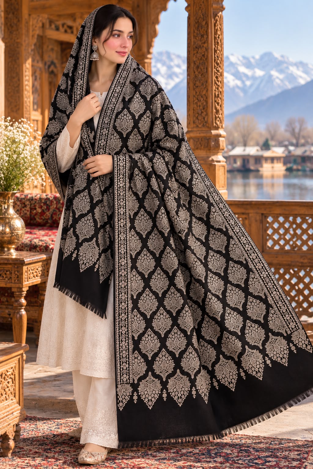 Black Pashmina Jamawar Shawl – Handmade Sozni Embroidery