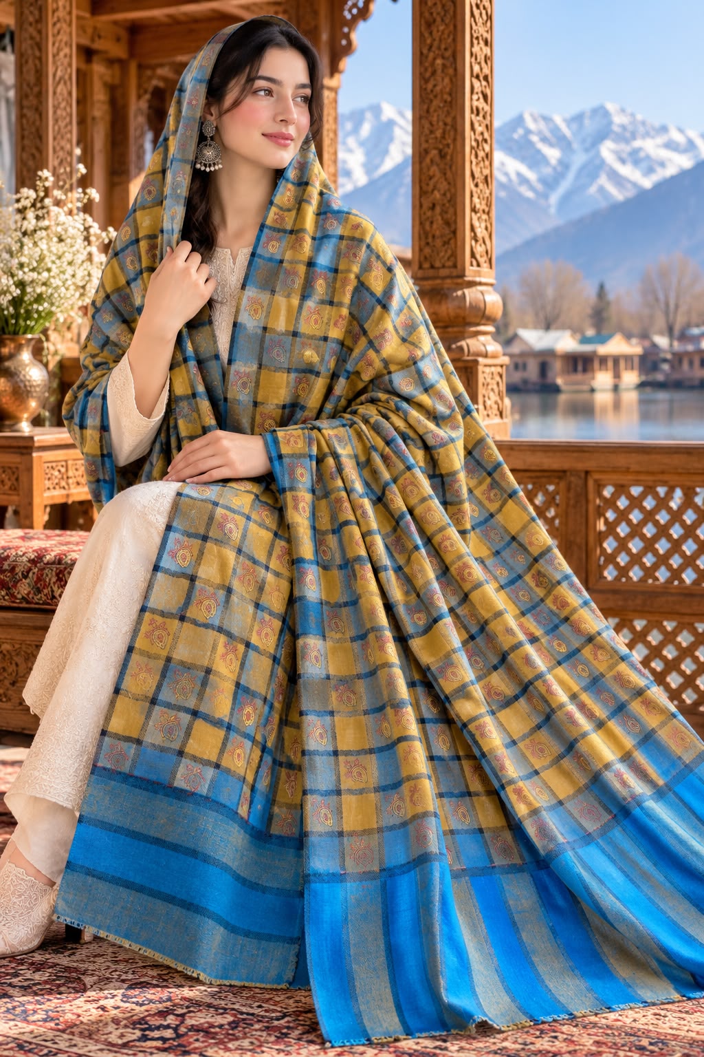 GI-Certified Kashmiri Pashmina Shawl – Checked Bootidar Design