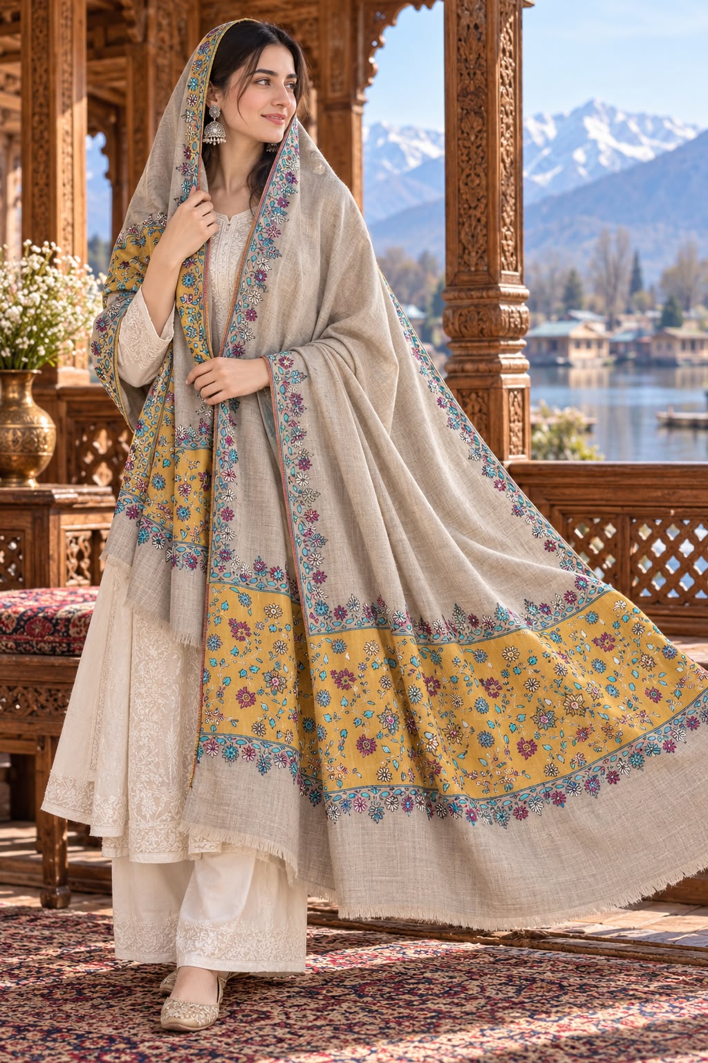 Premium Kashmiri Hand-Embroidered Wool Shawl – Beige & Mustard Floral Design