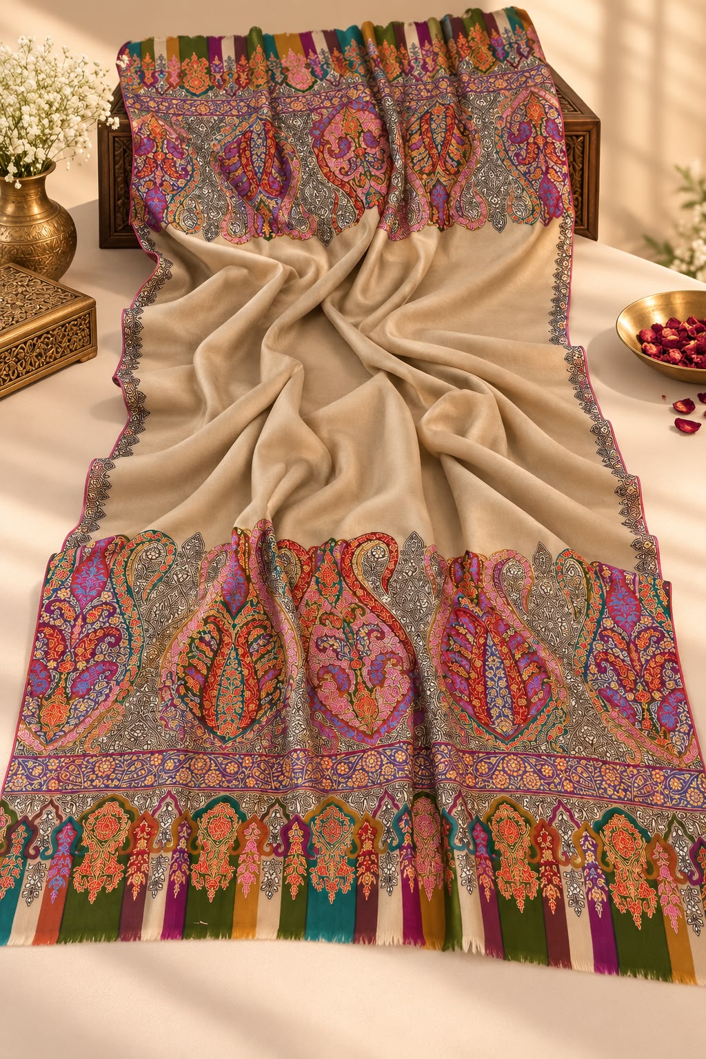 Kashmiri Pashmina Shawl – Handmade Kalamkari Long Paldar Design