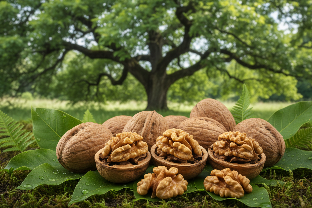 Walnuts in a lush green background with walnut tree and add both walnuts and walnut kernels